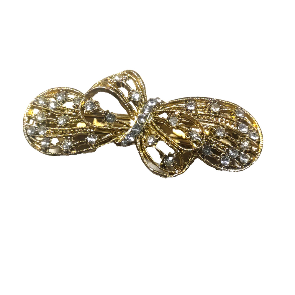 Hair Barrette Tension Clip Gold Tone Blue Rhinestone Bow Elegant Design